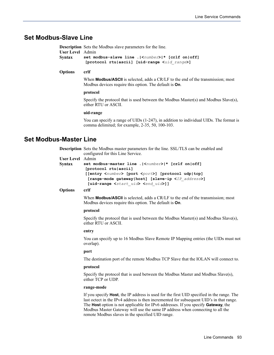 Set modbus-slave line, Set modbus-master line | Perle Systems IOLAN SDS User Manual | Page 93 / 162