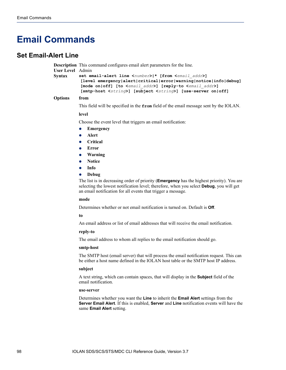 Email commands, Set email-alert line | Perle Systems IOLAN SDS User Manual | Page 98 / 162