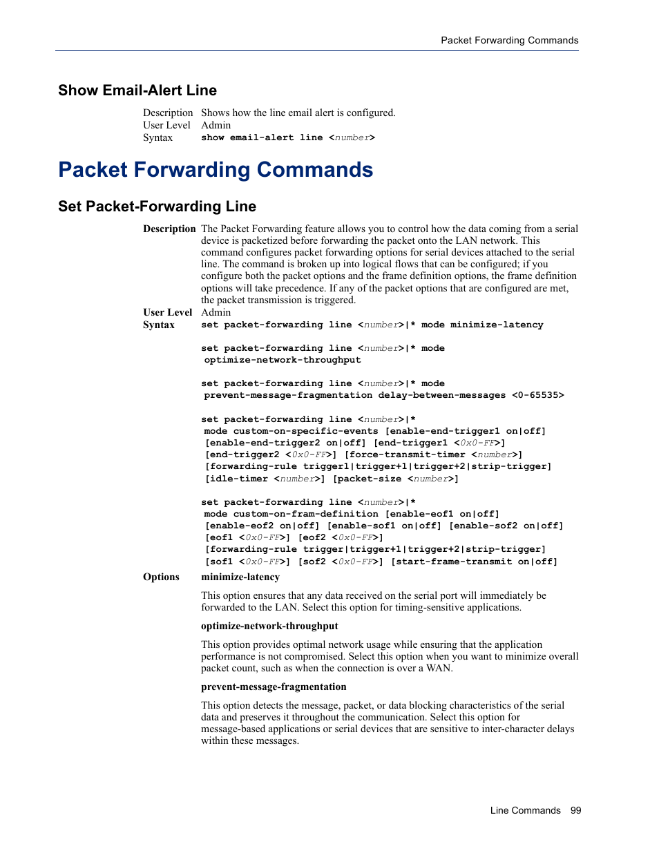 Show email-alert line, Packet forwarding commands, Set packet-forwarding line | Perle Systems IOLAN SDS User Manual | Page 99 / 162