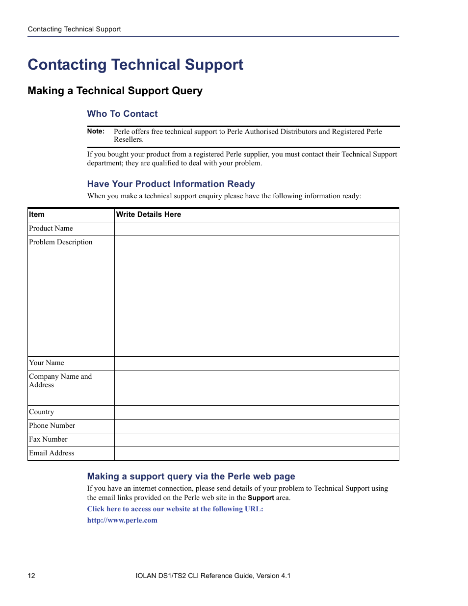 Contacting technical support, Making a technical support query | Perle Systems 5500208-41 User Manual | Page 12 / 93