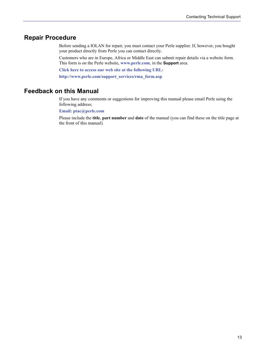 Repair procedure, Feedback on this manual | Perle Systems 5500208-41 User Manual | Page 13 / 93