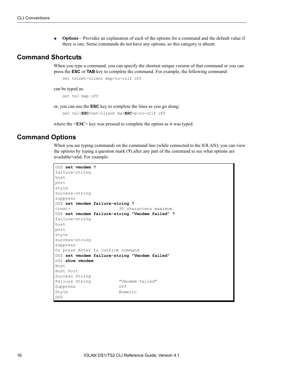 Command shortcuts, Command options | Perle Systems 5500208-41 User Manual | Page 16 / 93