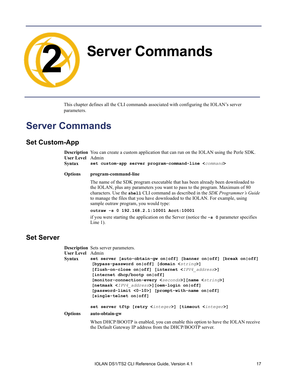 Server commands, Set custom-app, Set server | Chapter 2 server commands | Perle Systems 5500208-41 User Manual | Page 17 / 93