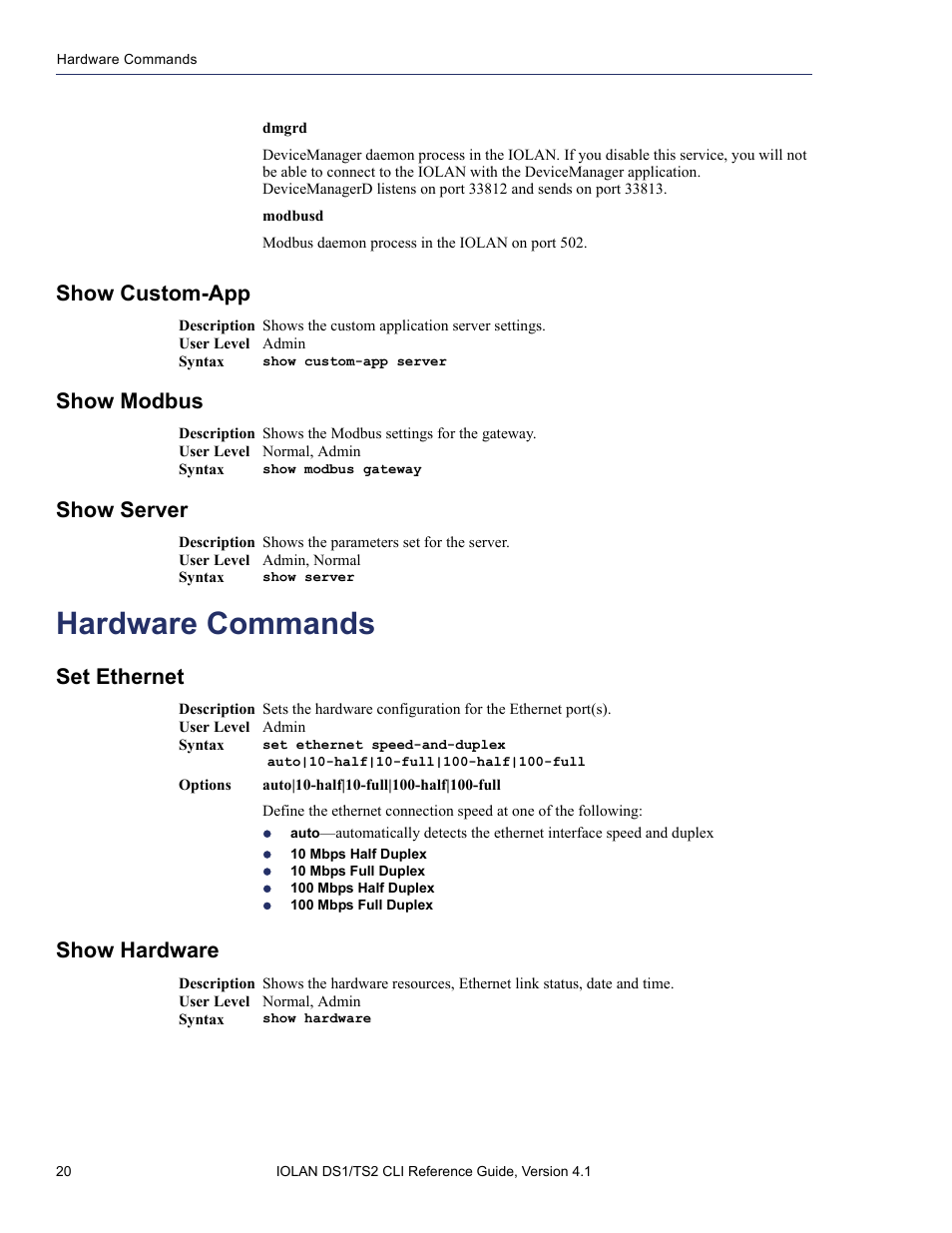 Show custom-app, Show modbus, Show server | Hardware commands, Set ethernet, Show hardware | Perle Systems 5500208-41 User Manual | Page 20 / 93