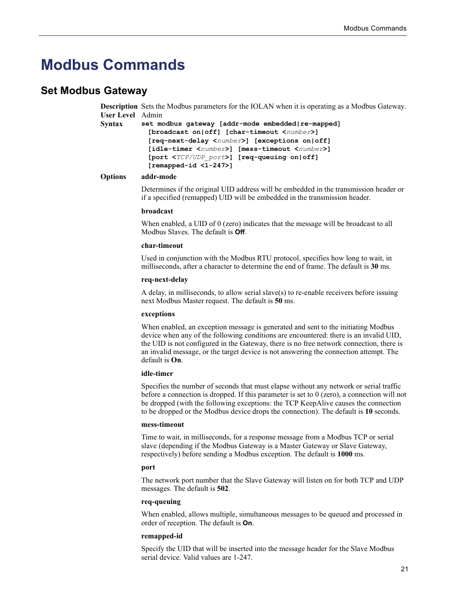 Modbus commands, Set modbus gateway | Perle Systems 5500208-41 User Manual | Page 21 / 93