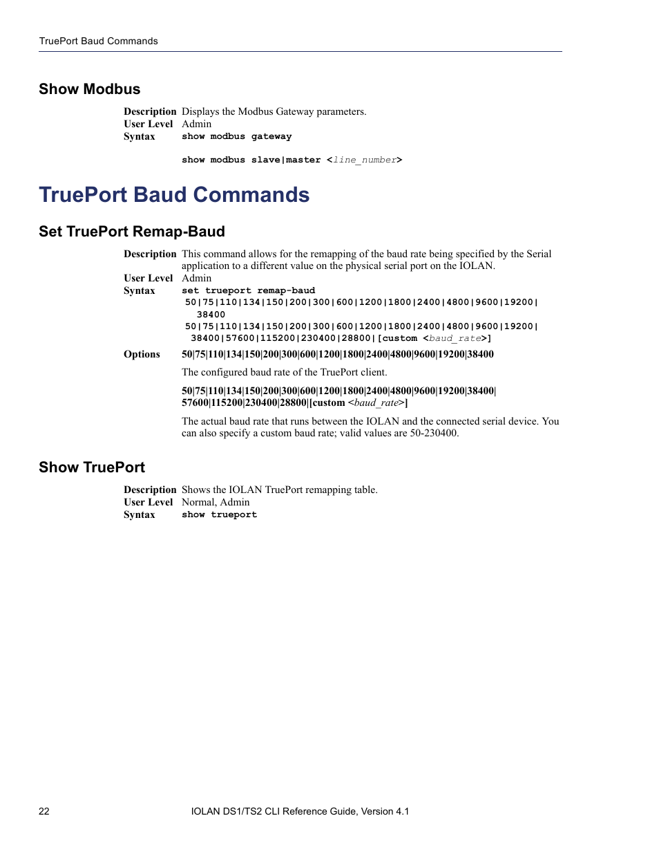 Show modbus, Trueport baud commands, Set trueport remap-baud | Show trueport | Perle Systems 5500208-41 User Manual | Page 22 / 93