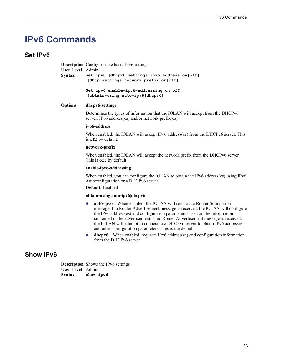 Ipv6 commands, Set ipv6, Show ipv6 | Perle Systems 5500208-41 User Manual | Page 23 / 93