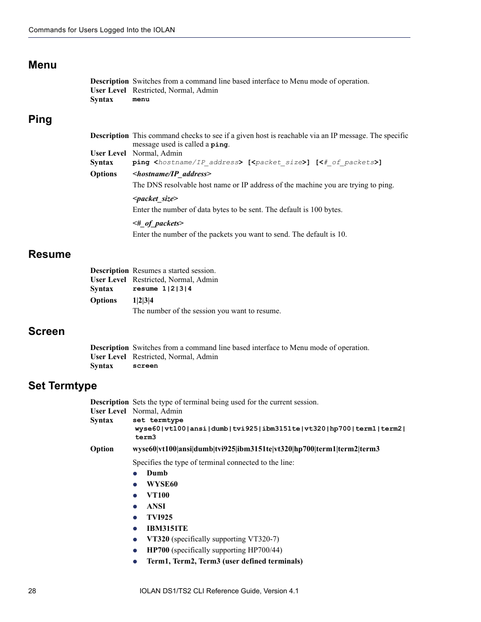 Menu, Ping, Resume | Screen, Set termtype | Perle Systems 5500208-41 User Manual | Page 28 / 93