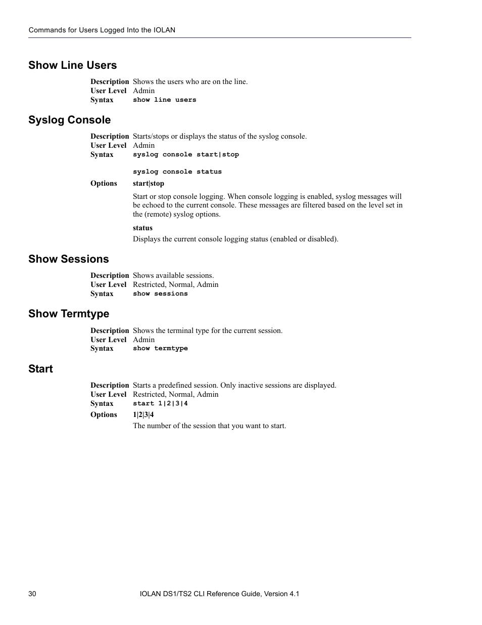 Show line users, Syslog console, Show sessions | Show termtype, Start | Perle Systems 5500208-41 User Manual | Page 30 / 93