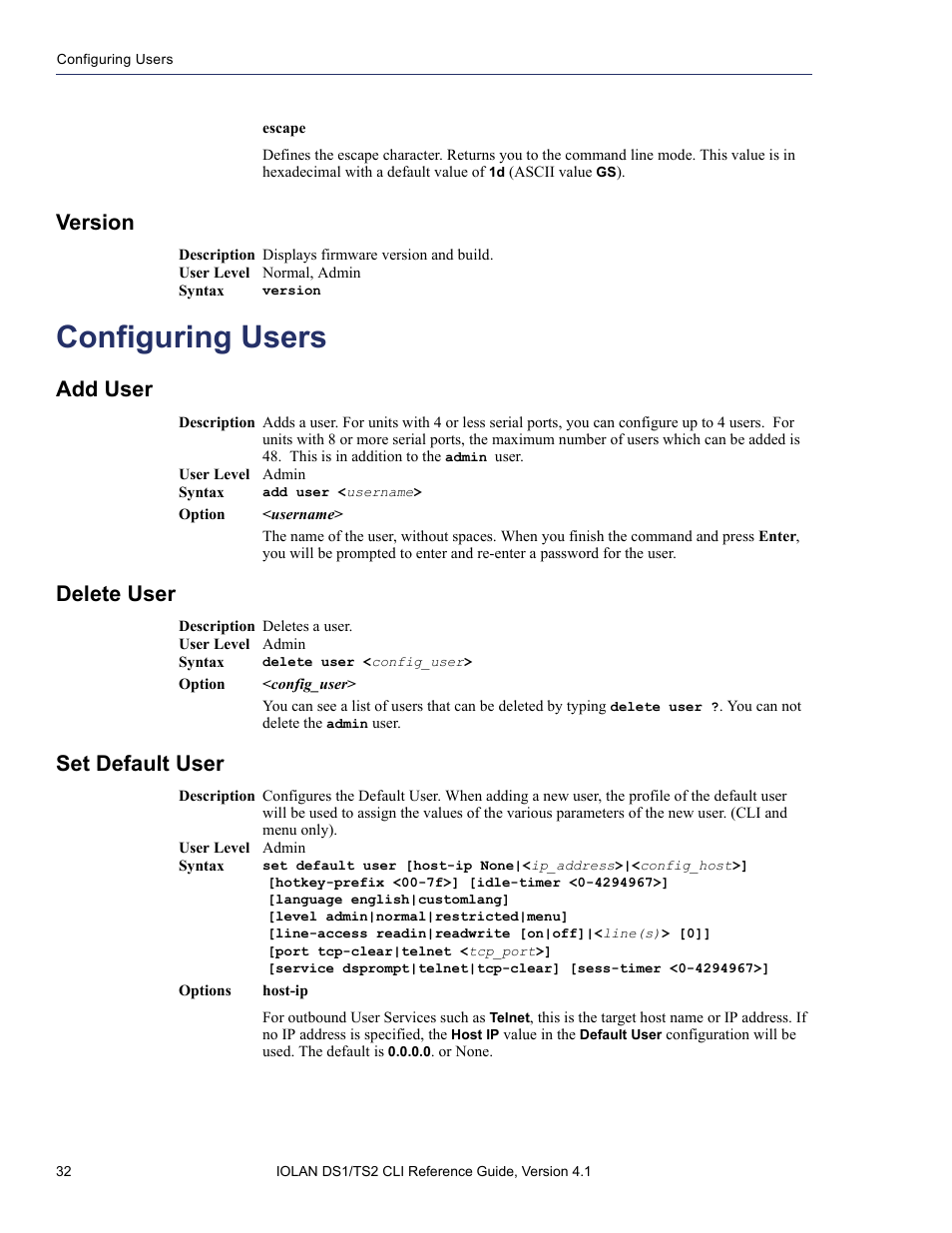 Version, Configuring users, Add user | Delete user, Set default user | Perle Systems 5500208-41 User Manual | Page 32 / 93