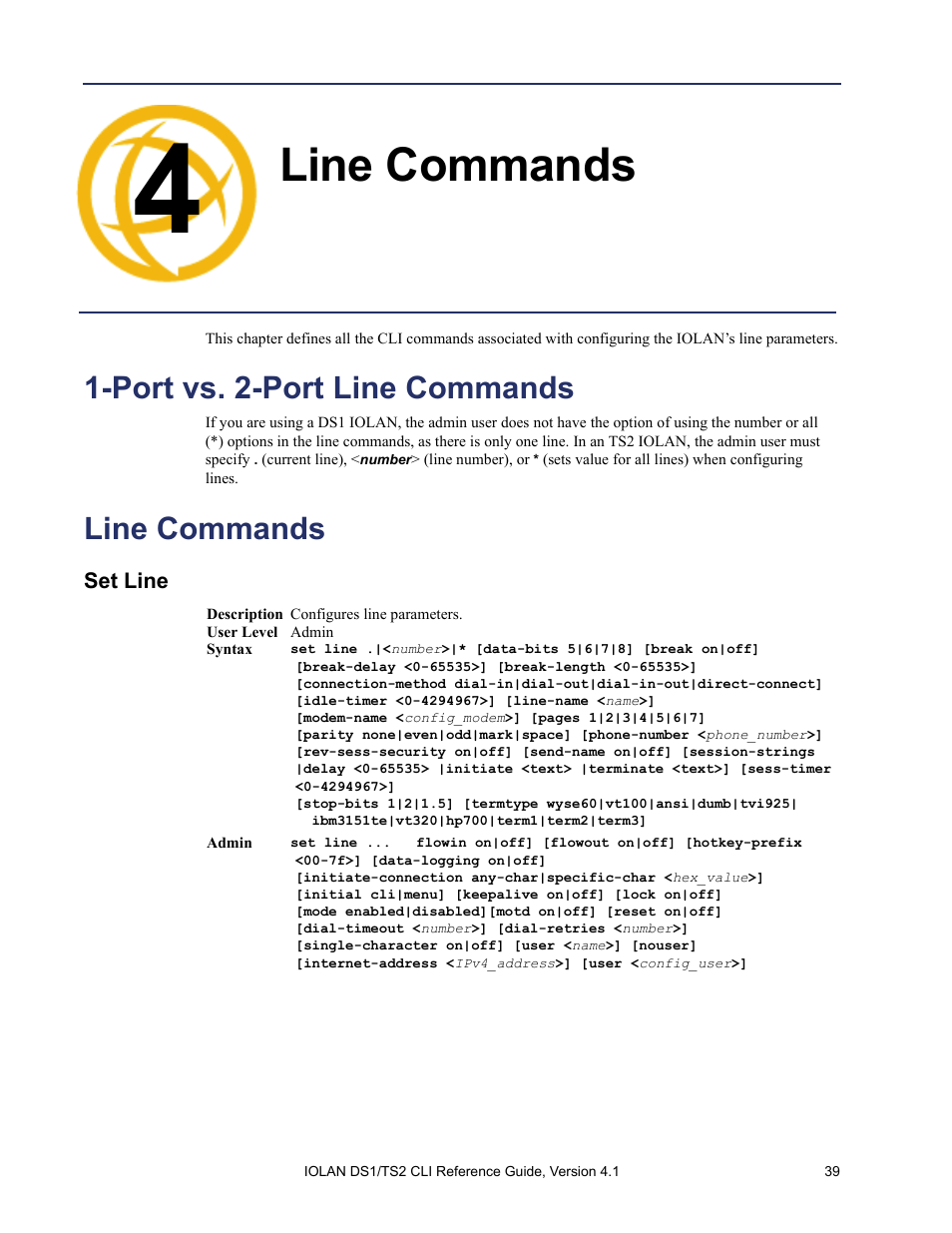 Line commands, Port vs. 2-port line commands, Set line | Chapter 4 line commands | Perle Systems 5500208-41 User Manual | Page 39 / 93