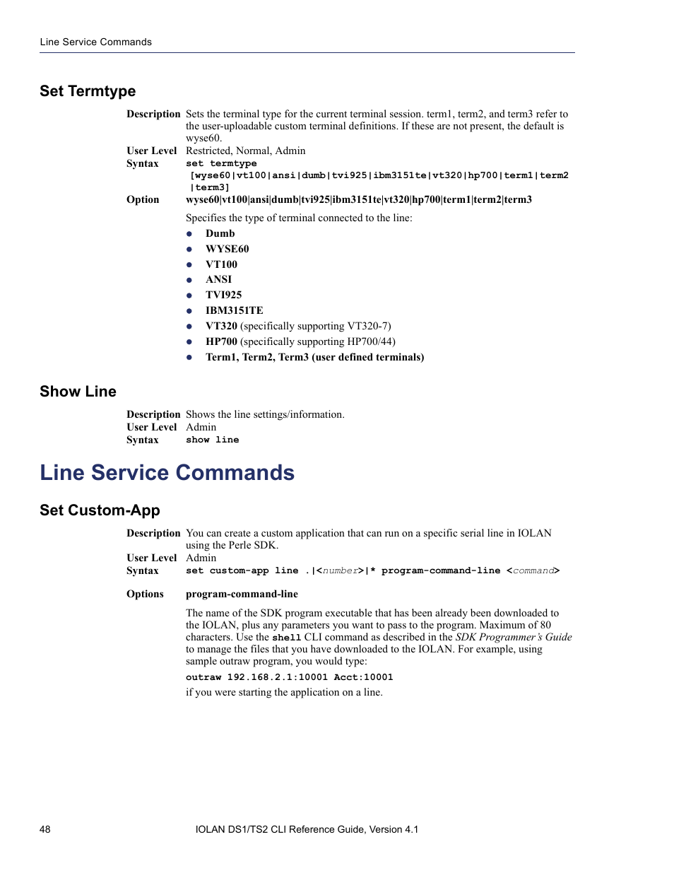 Set termtype, Show line, Line service commands | Set custom-app, Configuration, see, Line | Perle Systems 5500208-41 User Manual | Page 48 / 93