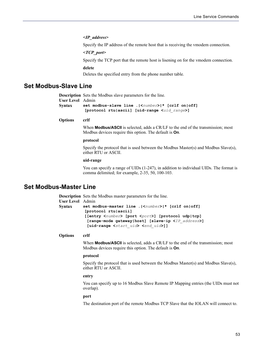 Set modbus-slave line, Set modbus-master line | Perle Systems 5500208-41 User Manual | Page 53 / 93