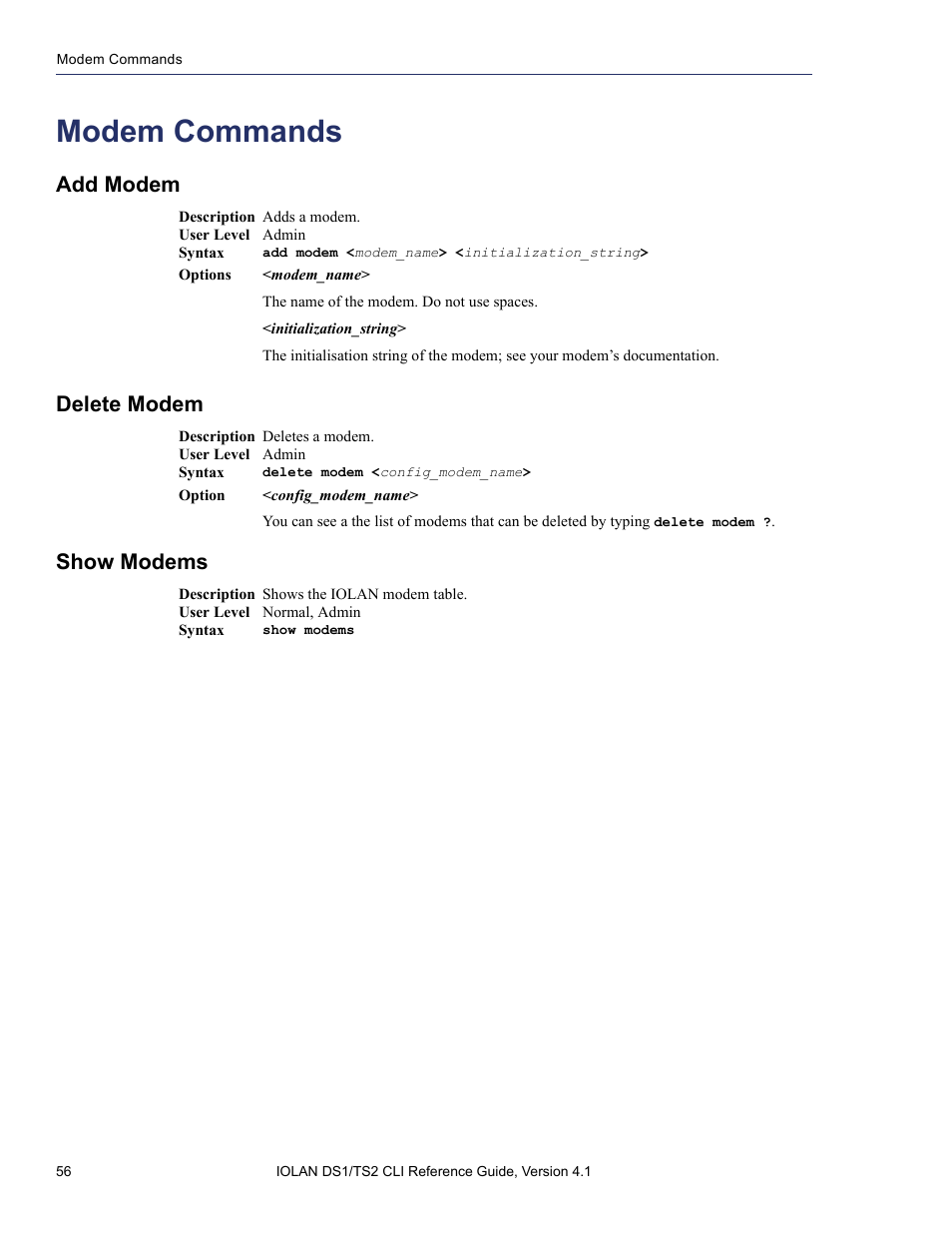 Modem commands, Add modem, Delete modem | Show modems | Perle Systems 5500208-41 User Manual | Page 56 / 93