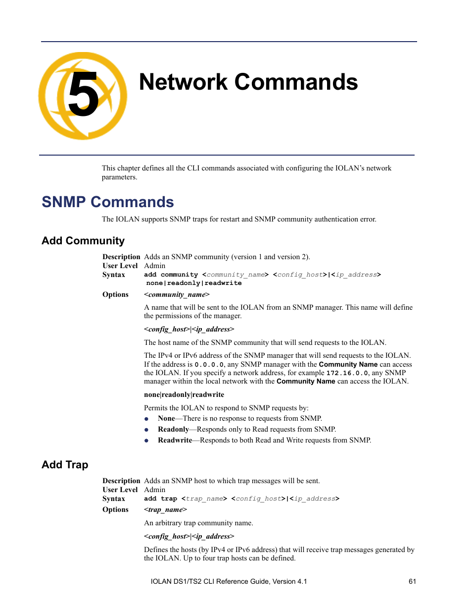 Network commands, Snmp commands, Add community | Add trap, Chapter 5 network commands | Perle Systems 5500208-41 User Manual | Page 61 / 93