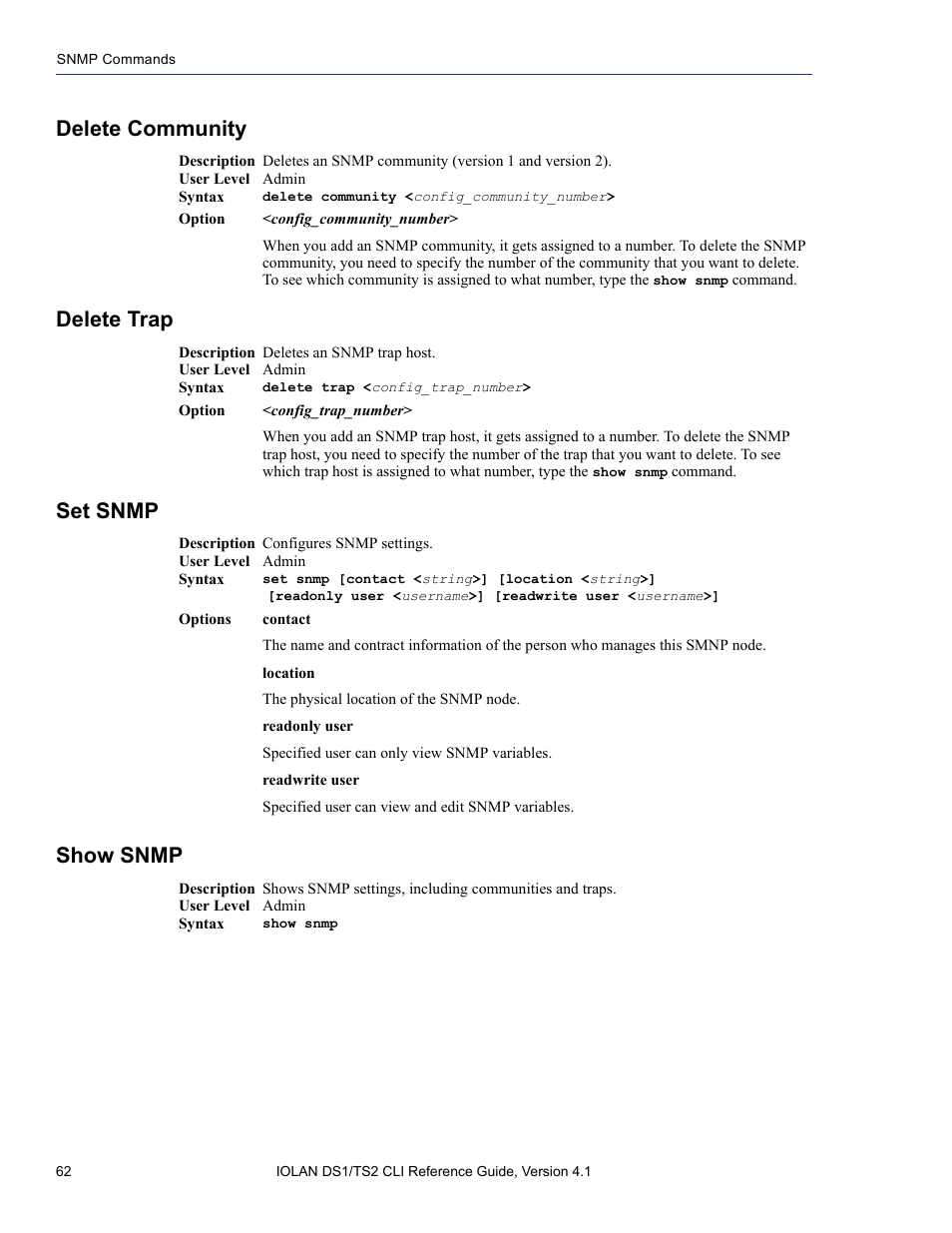 Delete community, Delete trap, Set snmp | Show snmp | Perle Systems 5500208-41 User Manual | Page 62 / 93