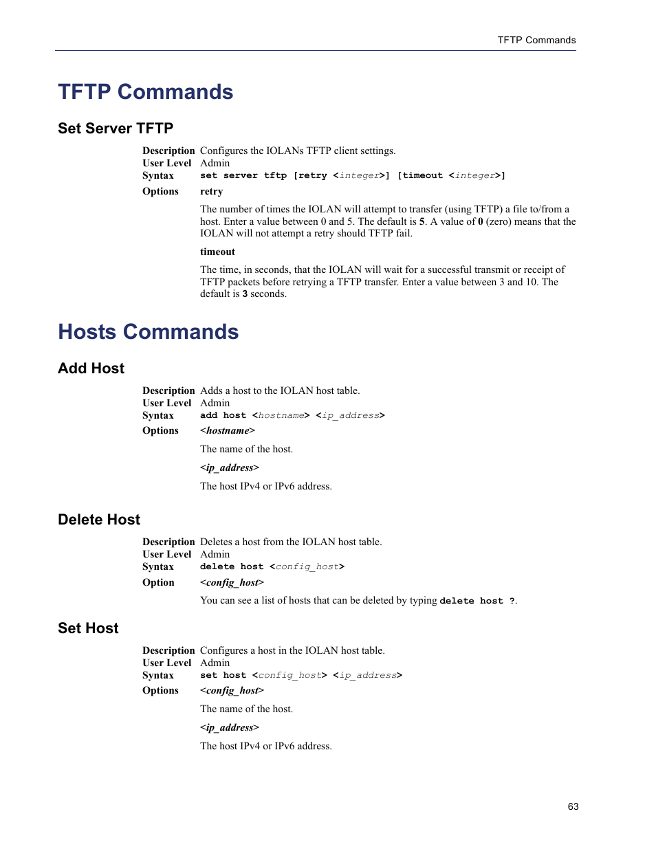 Tftp commands, Set server tftp, Hosts commands | Add host, Delete host, Set host | Perle Systems 5500208-41 User Manual | Page 63 / 93