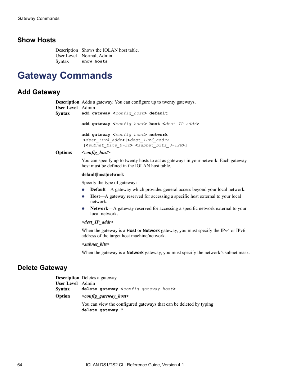 Show hosts, Gateway commands, Add gateway | Delete gateway | Perle Systems 5500208-41 User Manual | Page 64 / 93