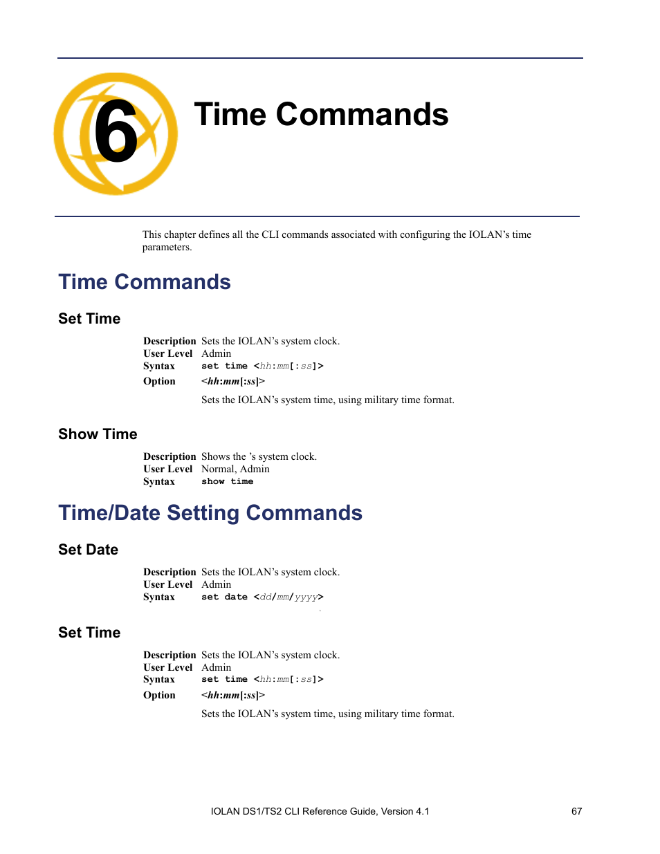 Time commands, Set time, Show time | Time/date setting commands, Set date, Chapter 6 time commands | Perle Systems 5500208-41 User Manual | Page 67 / 93