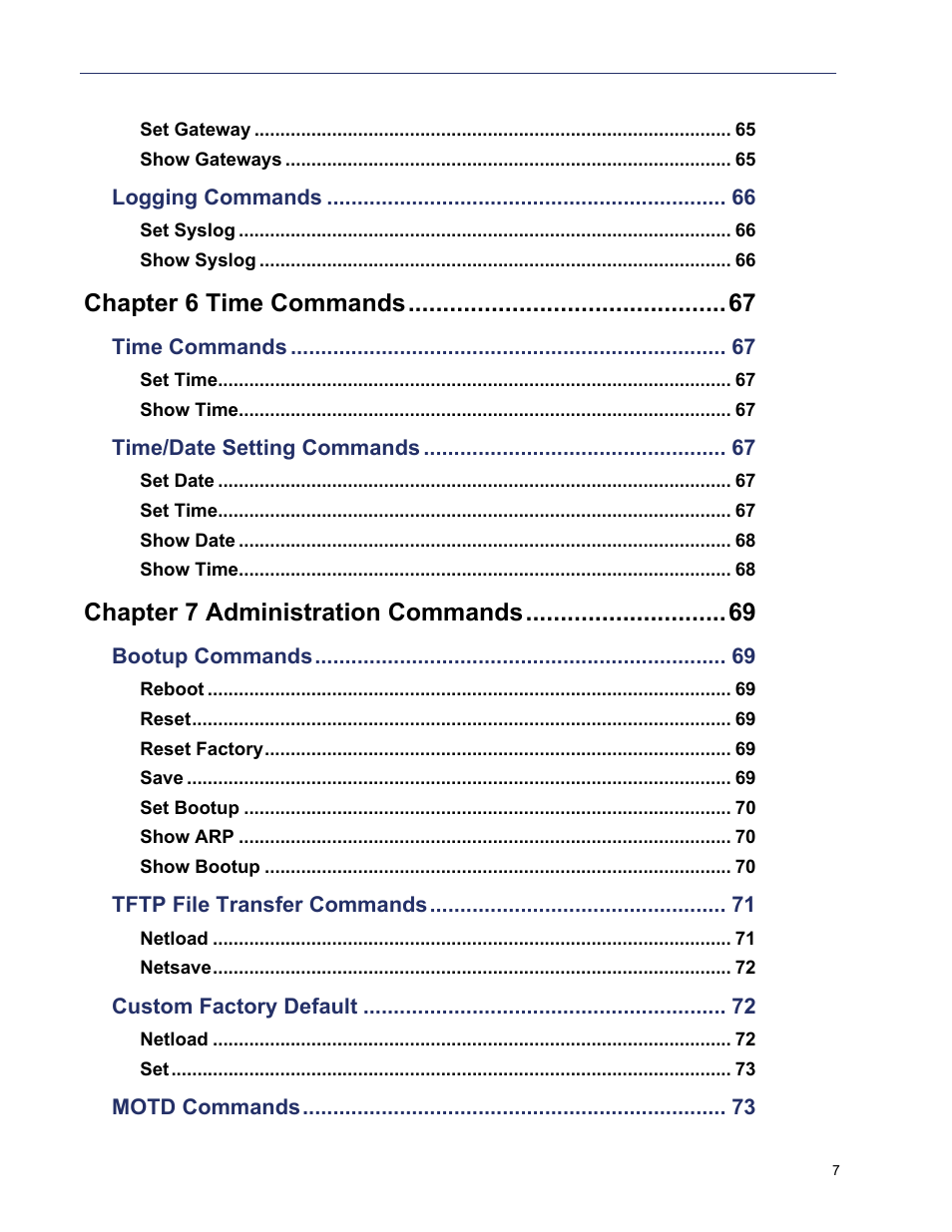 Chapter 6 time commands, Chapter 7 administration commands | Perle Systems 5500208-41 User Manual | Page 7 / 93