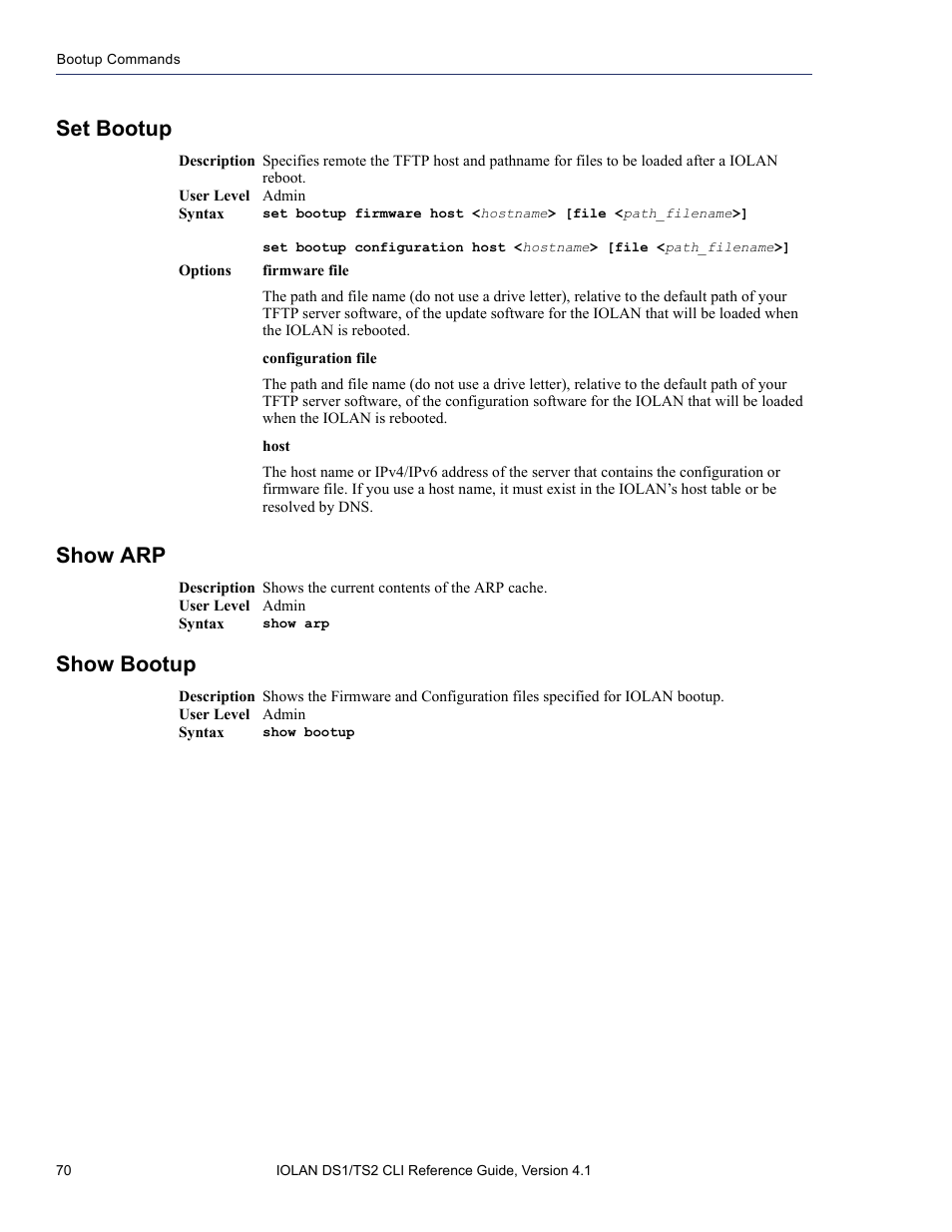 Set bootup, Show arp, Show bootup | Perle Systems 5500208-41 User Manual | Page 70 / 93