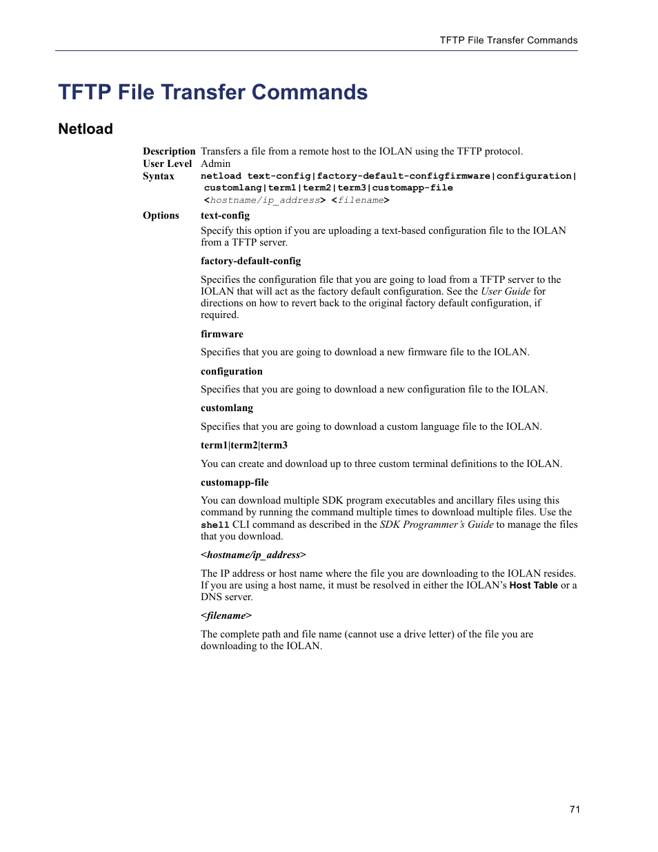 Tftp file transfer commands, Netload | Perle Systems 5500208-41 User Manual | Page 71 / 93