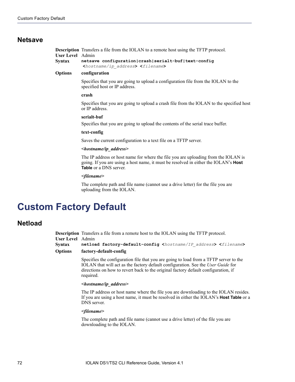 Netsave, Custom factory default, Netload | Perle Systems 5500208-41 User Manual | Page 72 / 93