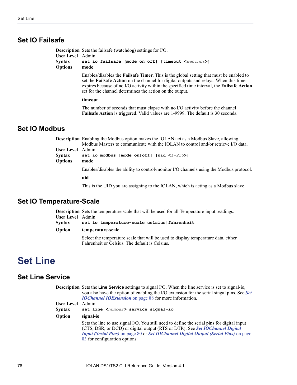 Set io failsafe, Set io modbus, Set io temperature-scale | Set line, Set line service | Perle Systems 5500208-41 User Manual | Page 78 / 93