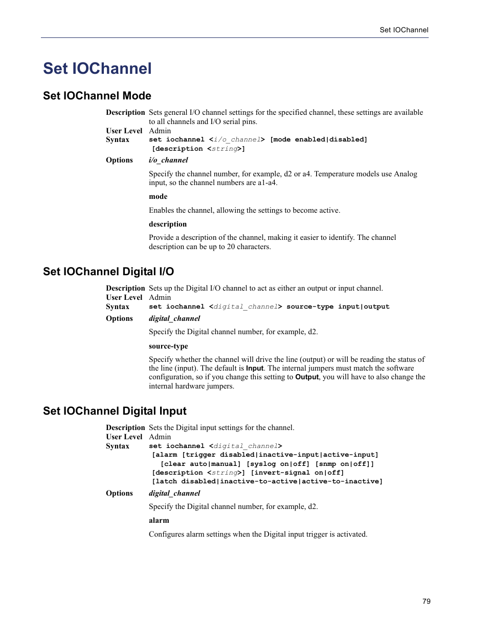 Set iochannel, Set iochannel mode, Set iochannel digital i/o | Set iochannel digital input | Perle Systems 5500208-41 User Manual | Page 79 / 93