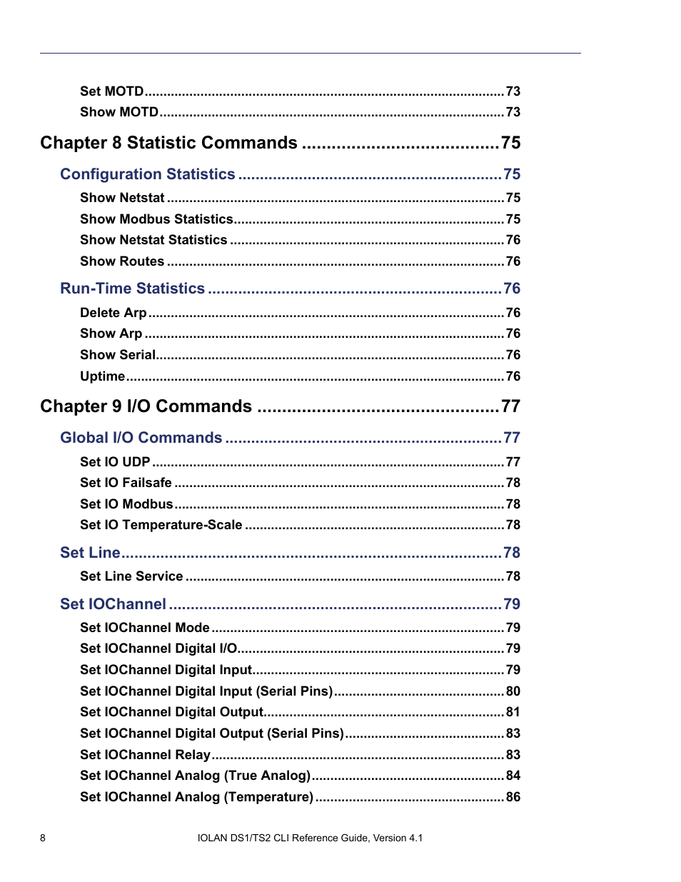 Chapter 8 statistic commands, Chapter 9 i/o commands | Perle Systems 5500208-41 User Manual | Page 8 / 93