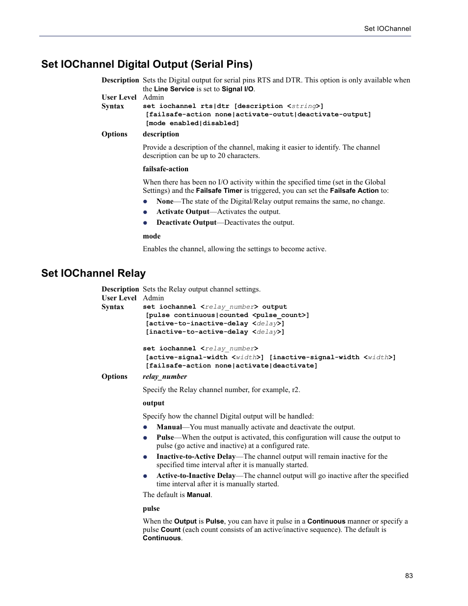 Set iochannel digital output (serial pins), Set iochannel relay | Perle Systems 5500208-41 User Manual | Page 83 / 93