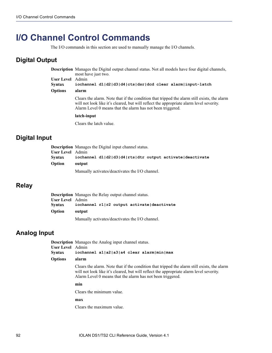 I/o channel control commands, Digital output, Digital input | Relay, Analog input | Perle Systems 5500208-41 User Manual | Page 92 / 93