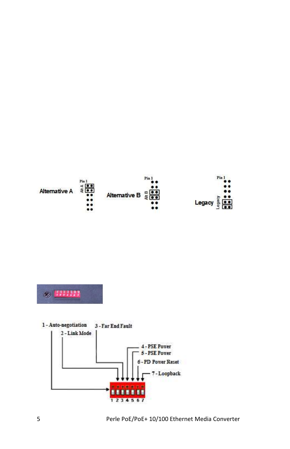 Powering options jumper settings, Dip switches | Perle Systems S-110P User Manual | Page 5 / 23