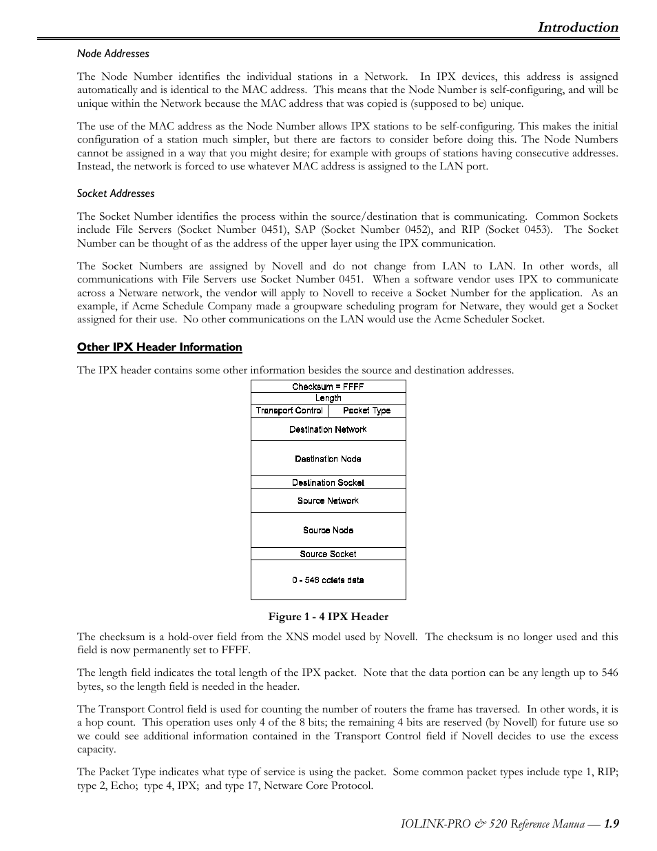 Node addresses, Socket addresses, Other ipx header information | Introduction | Perle Systems IOLINK-PRO IOLINK-520 User Manual | Page 10 / 80