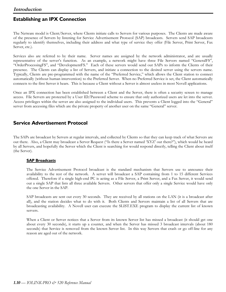 Establishing an ipx connection, Service advertisement protocol, Sap broadcasts | Introduction | Perle Systems IOLINK-PRO IOLINK-520 User Manual | Page 11 / 80