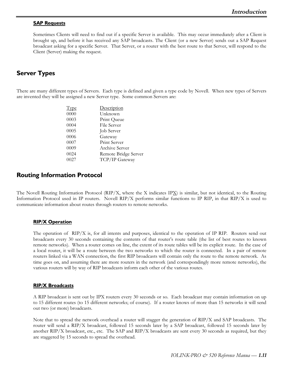 Sap requests, Server types, Routing information protocol | Rip/x operation, Rip/x broadcasts, Introduction | Perle Systems IOLINK-PRO IOLINK-520 User Manual | Page 12 / 80