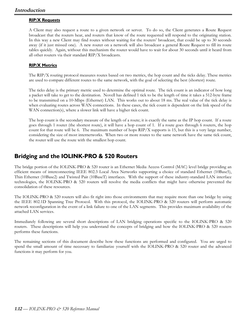 Rip/x requests, Rip/x metrics, Bridging and the iolink-pro & 520 routers | Introduction | Perle Systems IOLINK-PRO IOLINK-520 User Manual | Page 13 / 80