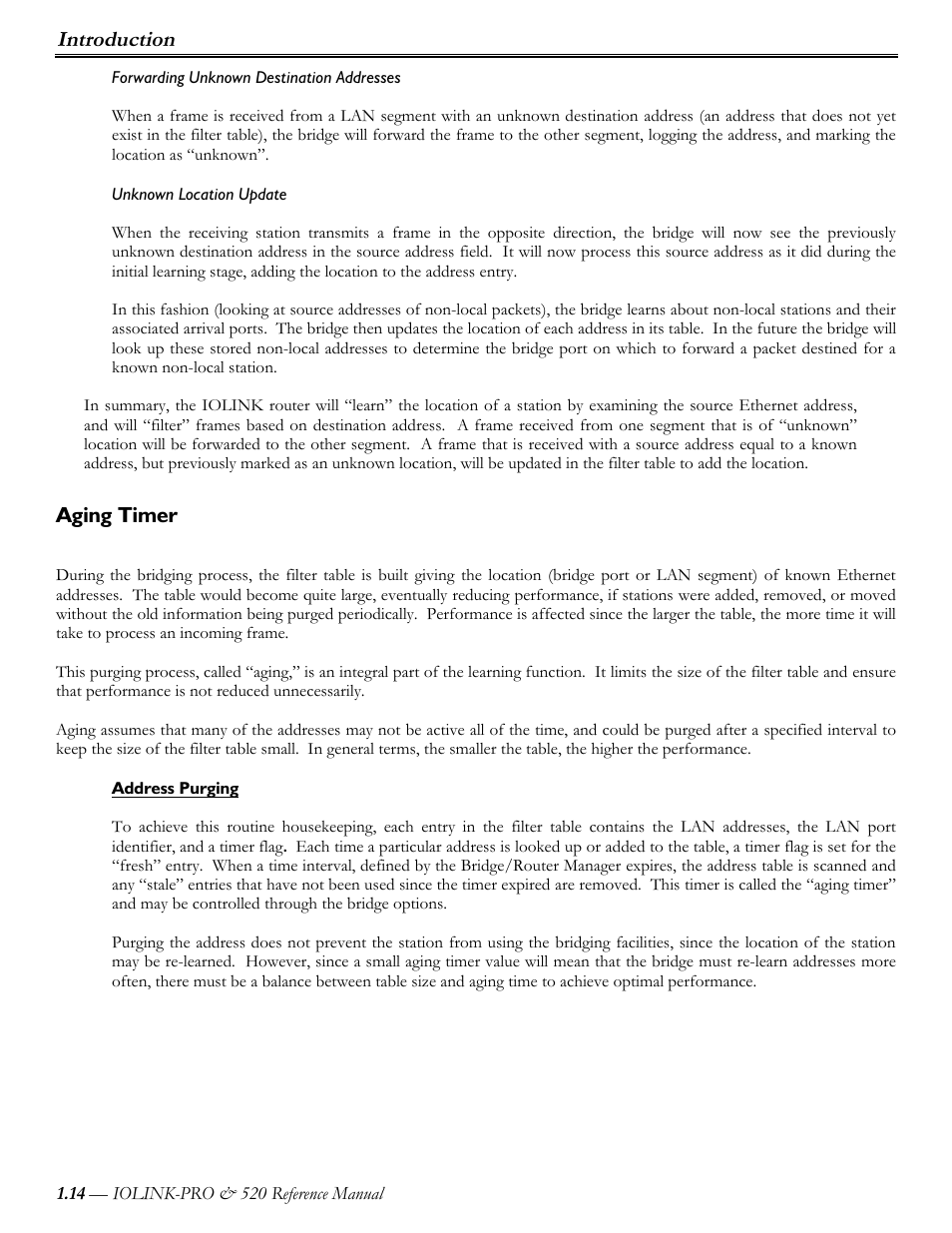 Forwarding unknown destination addresses, Unknown location update, Aging timer | Address purging, Introduction | Perle Systems IOLINK-PRO IOLINK-520 User Manual | Page 15 / 80