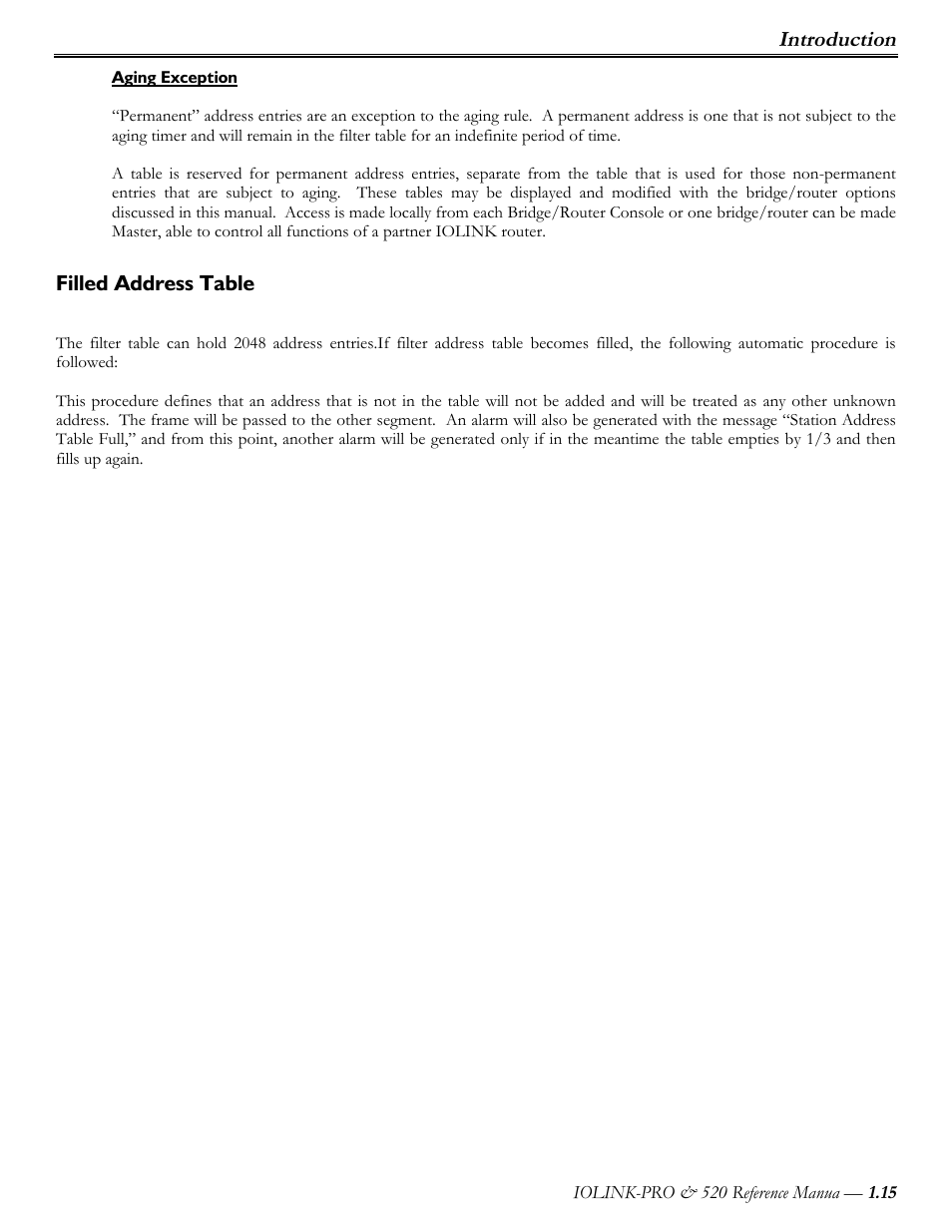 Aging exception, Filled address table, Introduction | Perle Systems IOLINK-PRO IOLINK-520 User Manual | Page 16 / 80
