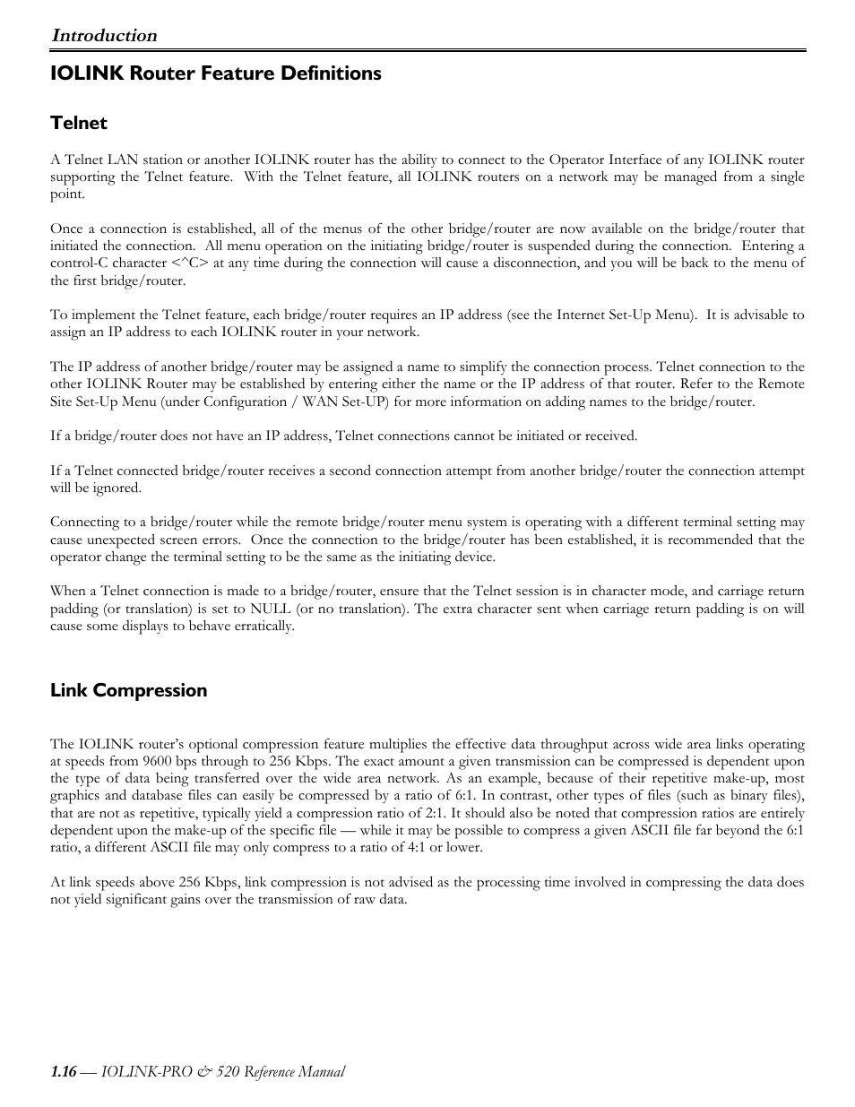 Iolink router feature definitions, Telnet, Link compression | Introduction | Perle Systems IOLINK-PRO IOLINK-520 User Manual | Page 17 / 80