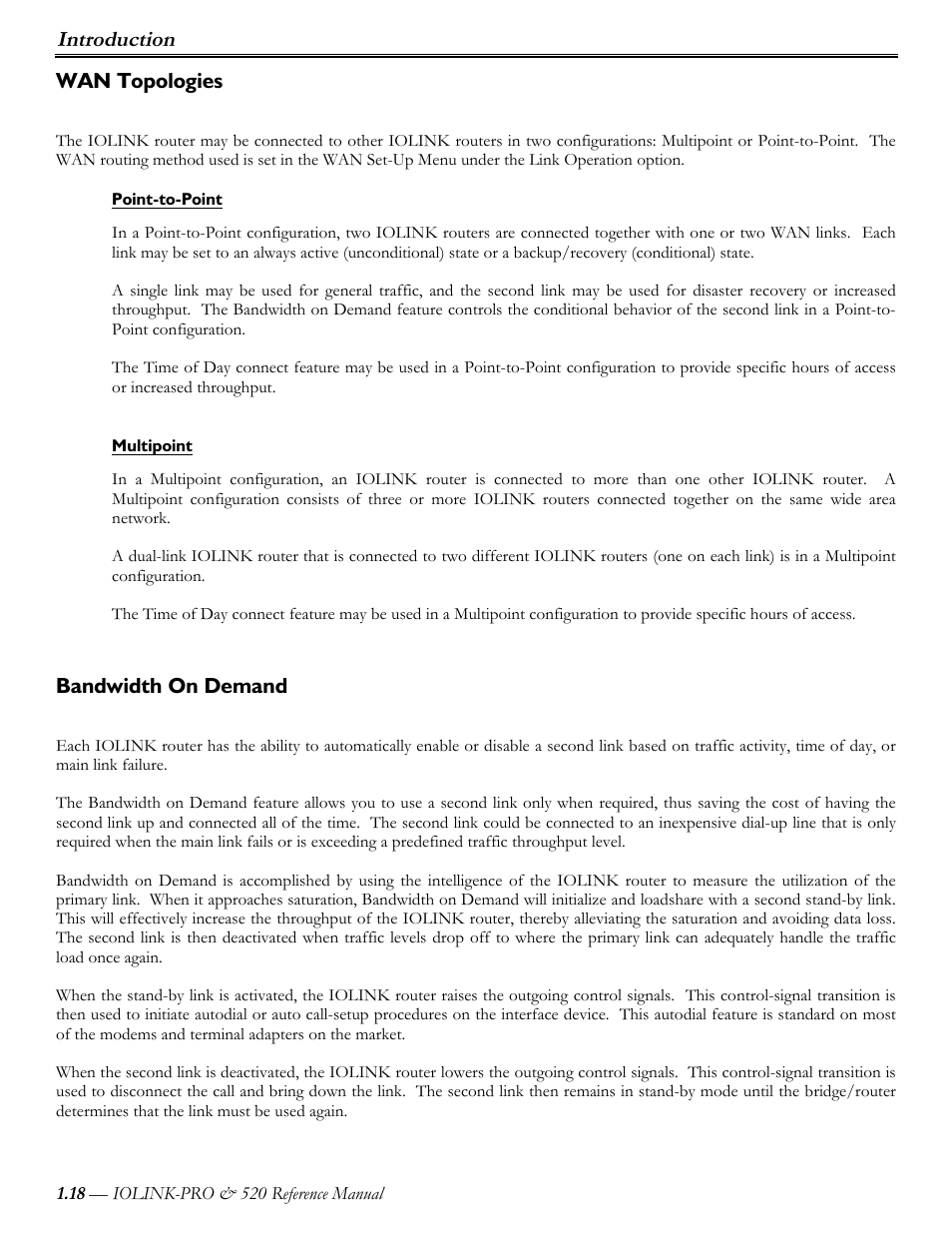 Wan topologies, Point-to-point, Multipoint | Bandwidth on demand, Introduction | Perle Systems IOLINK-PRO IOLINK-520 User Manual | Page 19 / 80