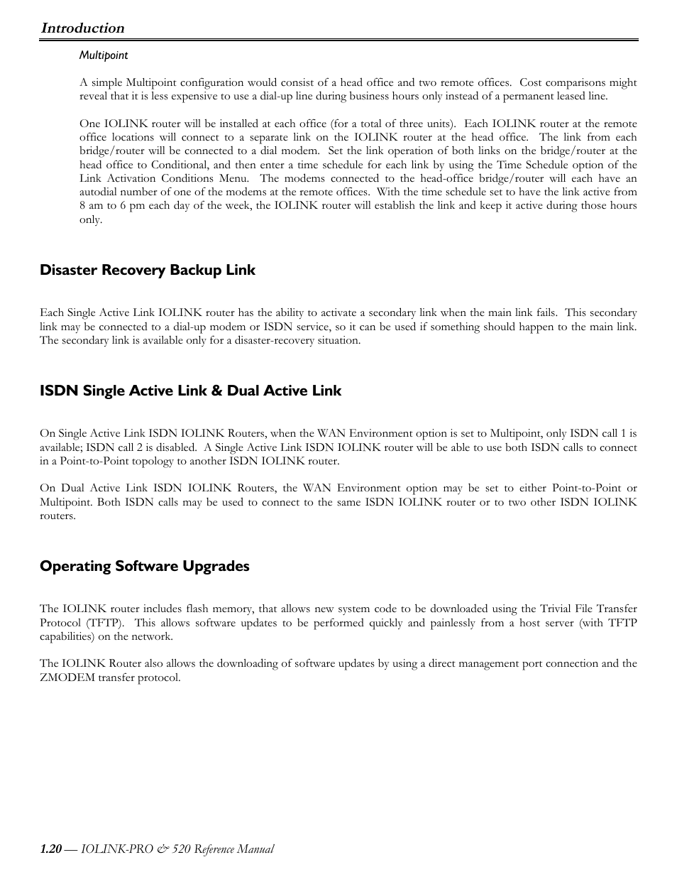 Multipoint, Disaster recovery backup link, Isdn single active link & dual active link | Operating software upgrades, Introduction | Perle Systems IOLINK-PRO IOLINK-520 User Manual | Page 21 / 80