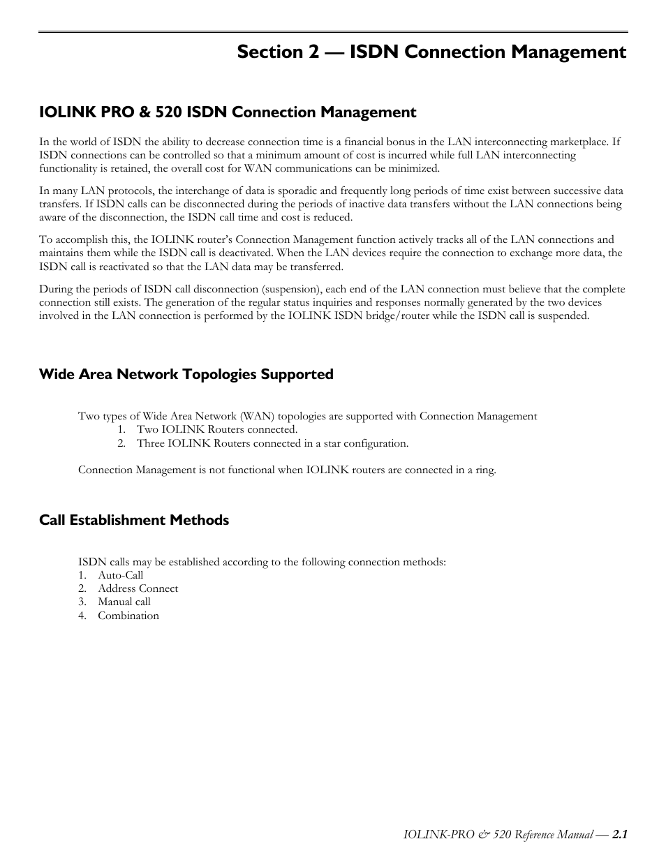 Isdn connection management, Iolink pro & 520 isdn connection management, Wide area network topologies supported | Call establishment methods | Perle Systems IOLINK-PRO IOLINK-520 User Manual | Page 22 / 80