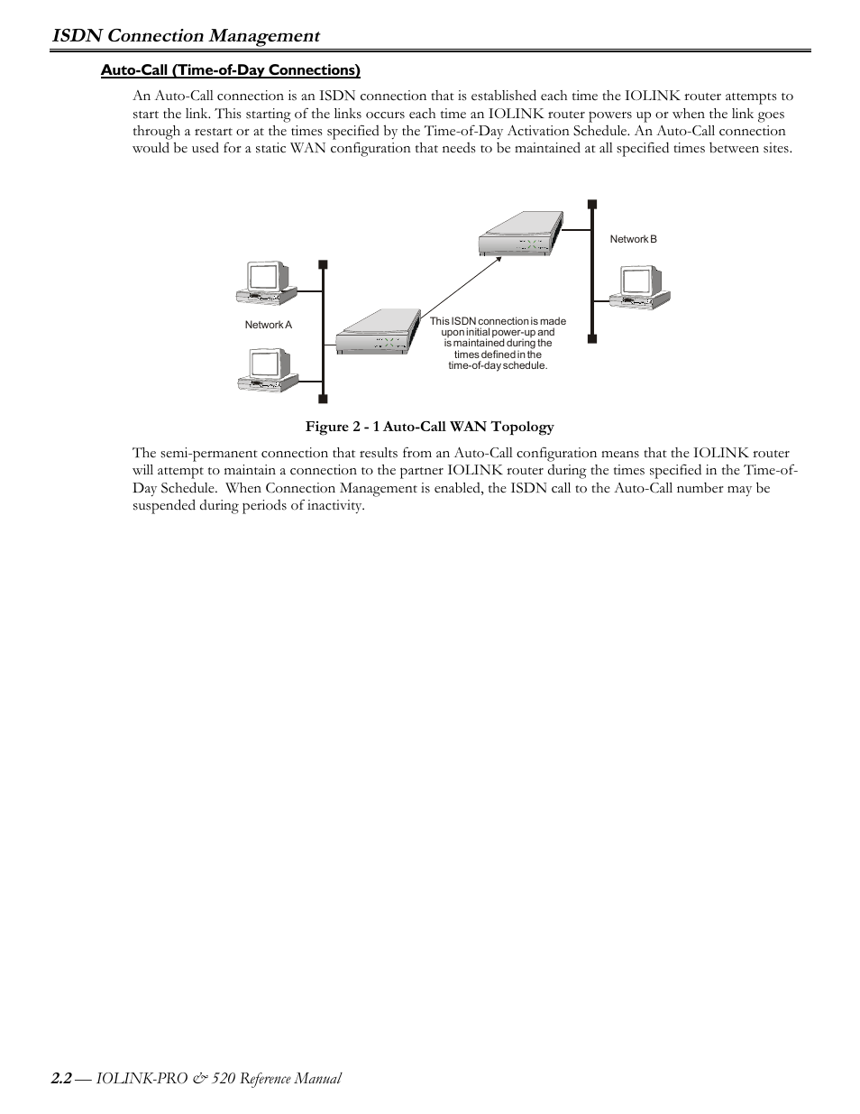 Auto-call (time-of-day connections), Isdn connection management | Perle Systems IOLINK-PRO IOLINK-520 User Manual | Page 23 / 80