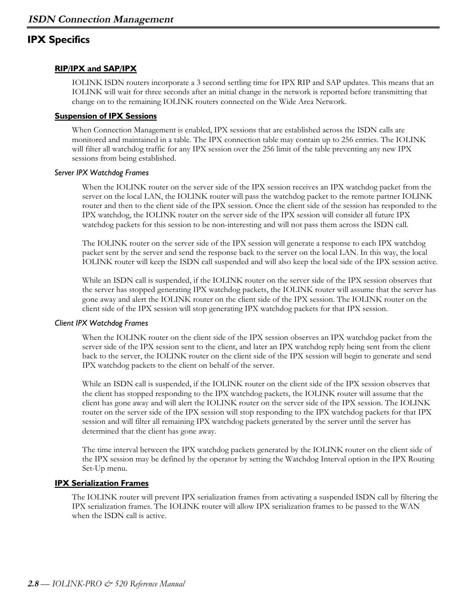 Ipx specifics, Rip/ipx and sap/ipx, Suspension of ipx sessions | Server ipx watchdog frames, Client ipx watchdog frames, Ipx serialization frames, Isdn connection management | Perle Systems IOLINK-PRO IOLINK-520 User Manual | Page 29 / 80