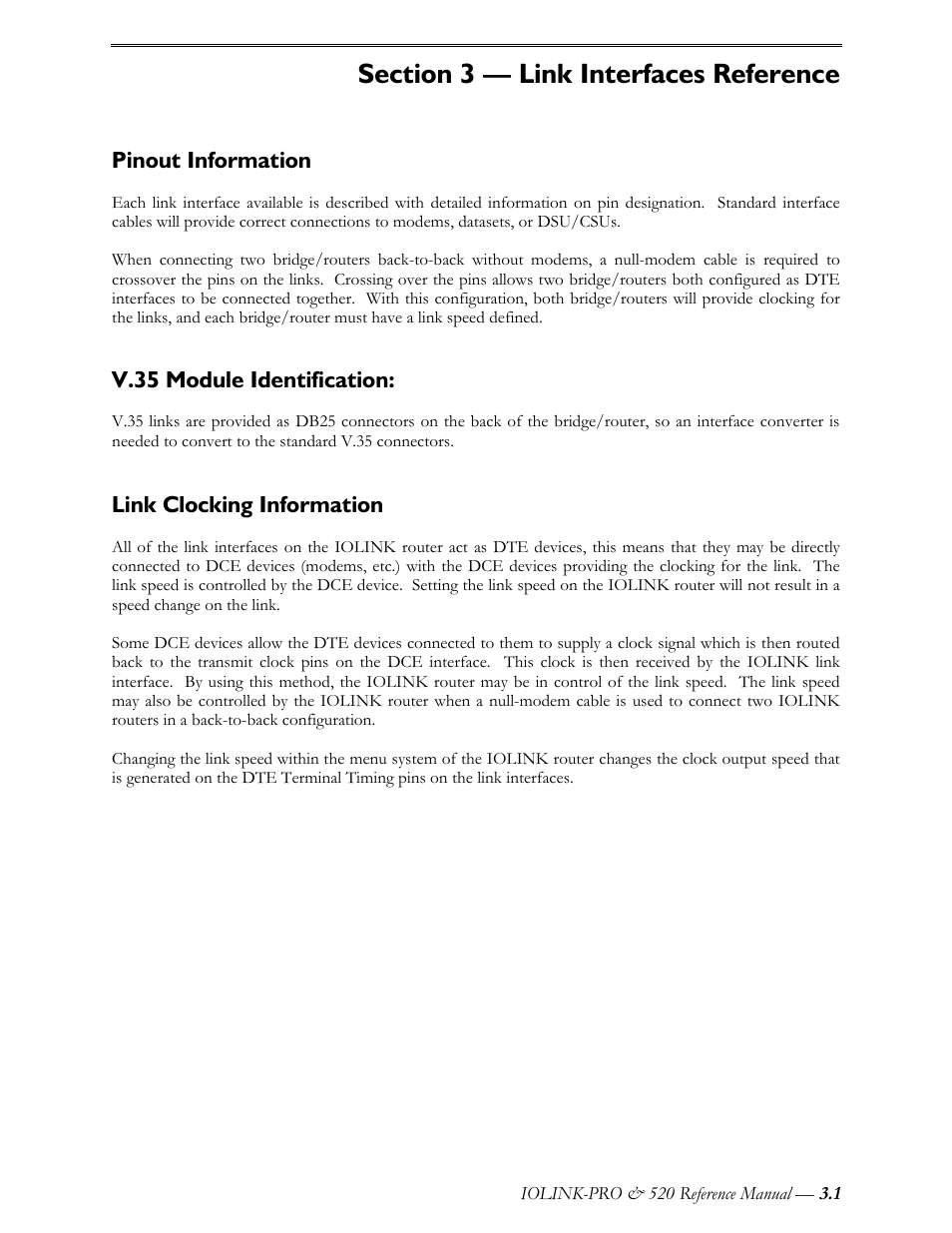 Link interfaces reference, Pinout information, V.35 module identification | Link clocking information | Perle Systems IOLINK-PRO IOLINK-520 User Manual | Page 30 / 80