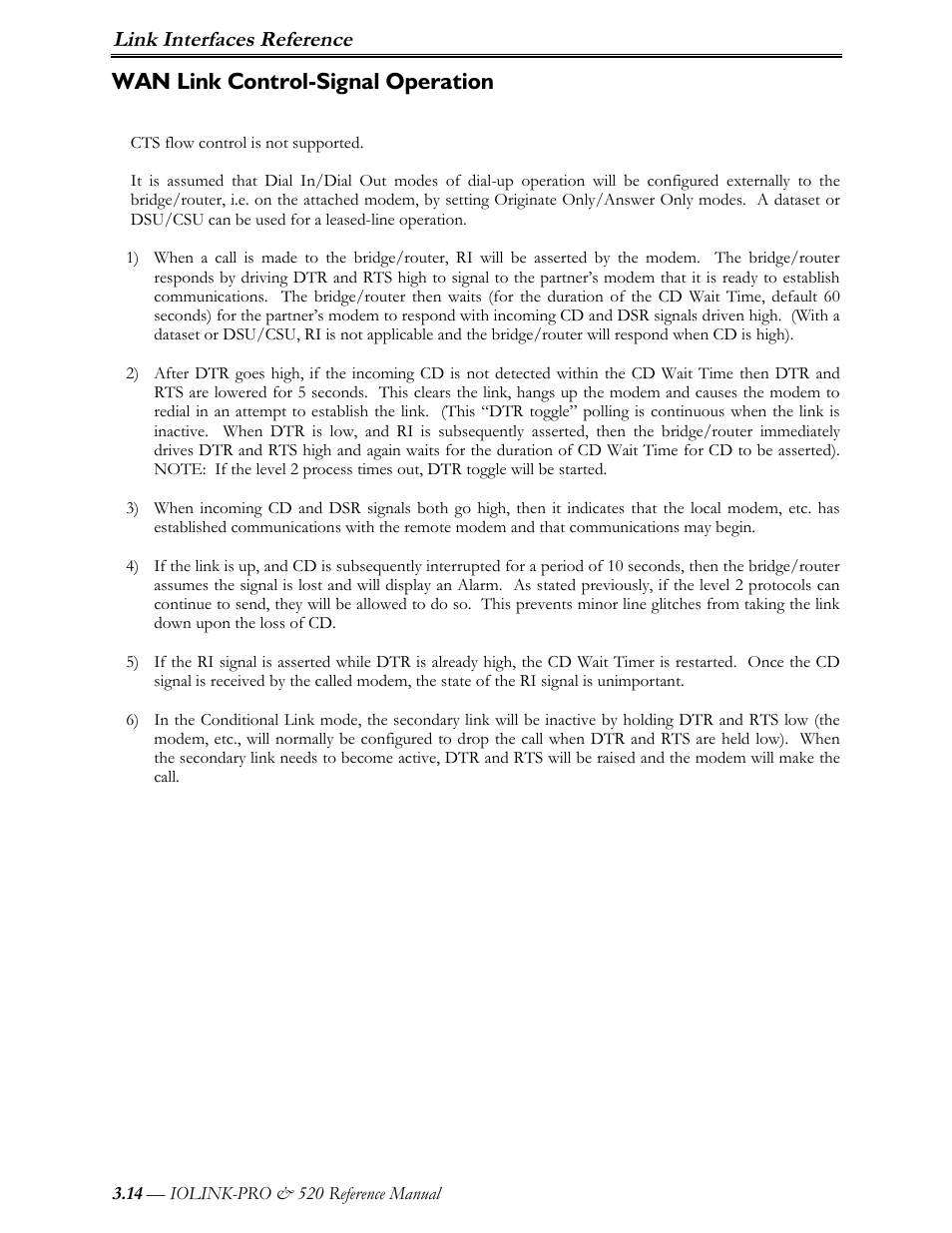 Wan link control-signal operation, Link interfaces reference | Perle Systems IOLINK-PRO IOLINK-520 User Manual | Page 43 / 80