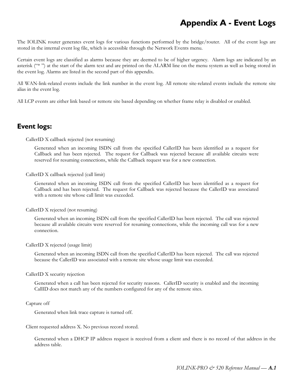 Appendix a - event logs, Event logs | Perle Systems IOLINK-PRO IOLINK-520 User Manual | Page 44 / 80