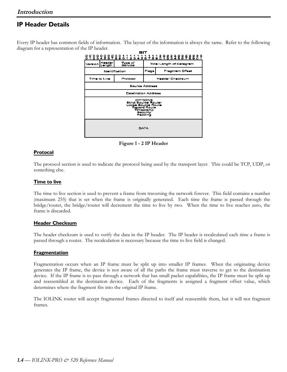 Ip header details, Protocol, Time to live | Header checksum, Fragmentation, Introduction | Perle Systems IOLINK-PRO IOLINK-520 User Manual | Page 5 / 80