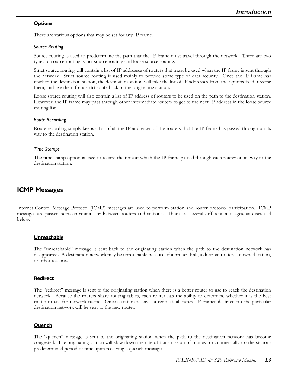 Options, Source routing, Route recording | Time stamps, Icmp messages, Unreachable, Redirect, Quench, Introduction | Perle Systems IOLINK-PRO IOLINK-520 User Manual | Page 6 / 80